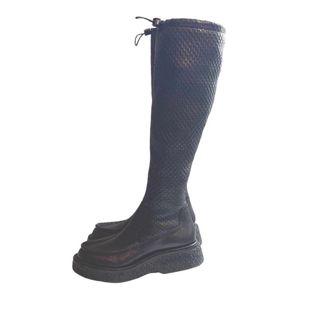 Rag & Bone Black Leather Tall Platform Boots Drawstring Crepe Sole Size 37